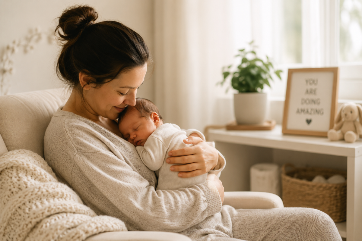 A mother lovingly holding her sleeping newborn in a peaceful nursery, symbolizing the comfort, confidence, and connection experienced during the first weeks of parenthood.