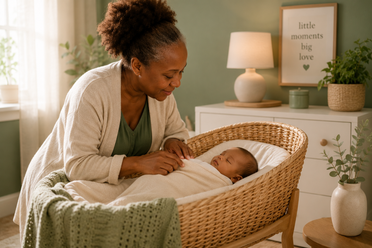 Mother gently caring for her sleeping newborn in a peaceful nursery, creating a calm and safe environment during the babys first weeks of life.